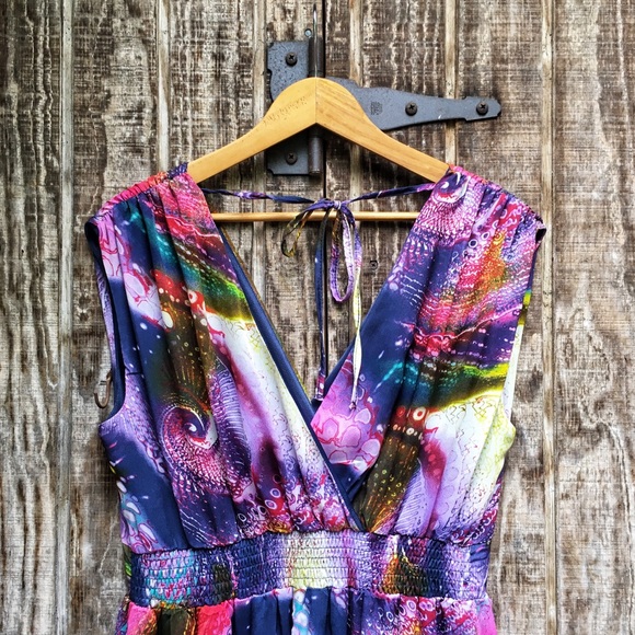 Dirty Ballerina Blue Multi Watercolor Print Drape Back Maxi Dress - Picture 4 of 6